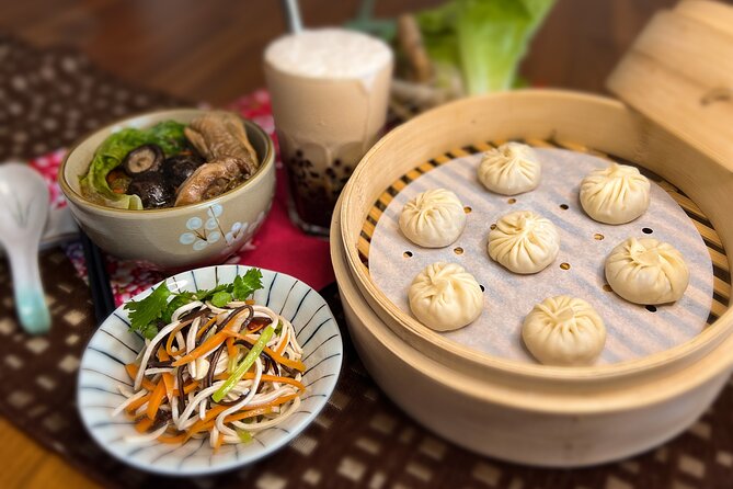 Taiwan Traditional Delicacies Experience, Xiao Long Bao, Chicken vermicelli with mushroom and sesame oil, Tofu strips salad, Bubble milk tea. - Sun Yat Sen Memorial Hall: Why This Stop Works With Food Learning
