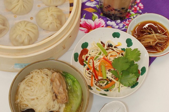 Xiao Long Bao, Chicken vermicelli with mushroom and sesame oil, Tofu strips salad, Bubble milk tea. Taiwan Traditional Delicacies Experience-A (Taipei Cooking Class) - Cooking studio flow, small-group help, and what you actually learn